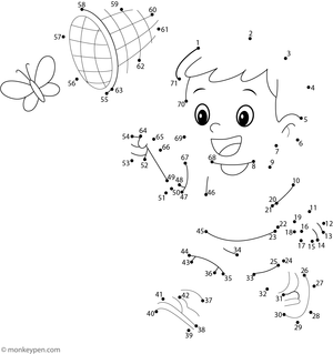 Dot-to-dot worksheet of a boy catching a bug with a net for children to connect and color