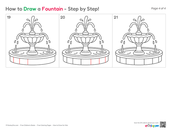 Beginner-friendly fountain sketch for kids' art activities.