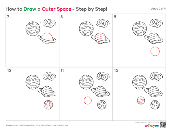 Simple space drawing with planets, stars, and a rocket