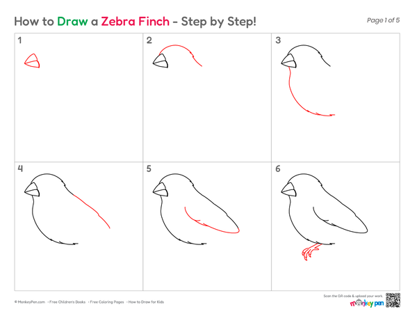 Easy zebra finch drawing for children and preschoolers.