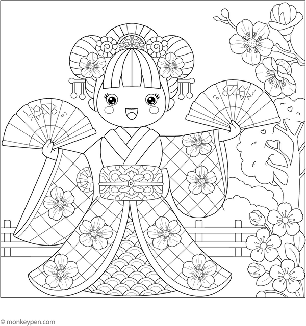 Japanese Fan Dance Coloring Page