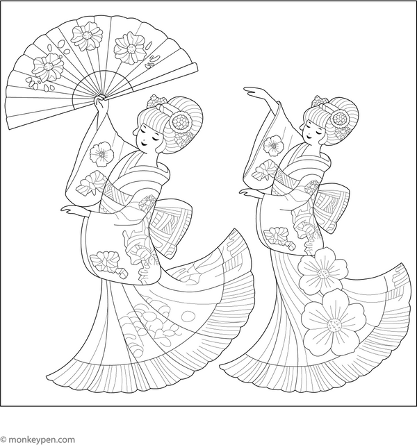 Japanese Fan Dance Coloring Page