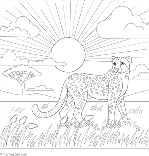 Cheetah and the Sunset coloring page – free printable for kids to color and enjoy