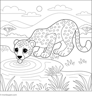Cheetah and a Watering Hole coloring page – free printable for kids to color and enjoy