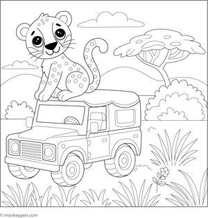 Cheetah on Safari Truck coloring page – free printable for kids to color and enjoy