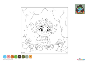 Downloadable color-by-number worksheet of a troll inside a forest cave, with numbered areas for the troll, cave walls, and woodland background.