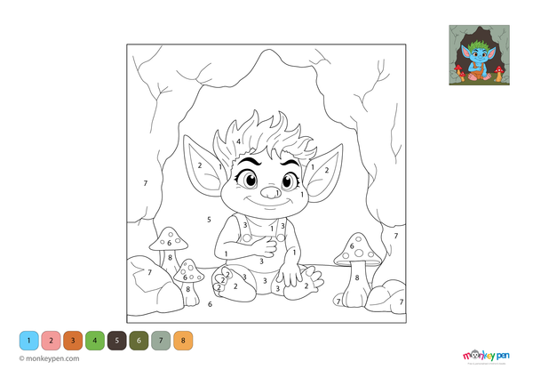 Downloadable color-by-number worksheet of a troll inside a forest cave, with numbered areas for the troll, cave walls, and woodland background.