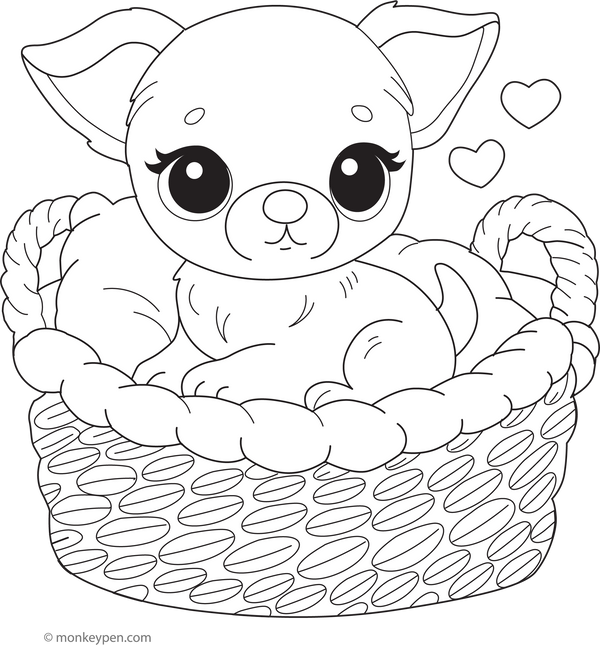Chihuahua in a Basket coloring page – free printable for kids to color and enjoy