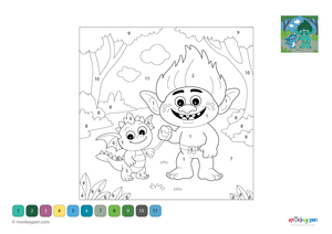 Downloadable color-by-number worksheet of a troll with its pet, with numbered areas for troll, pet, and background scenery.