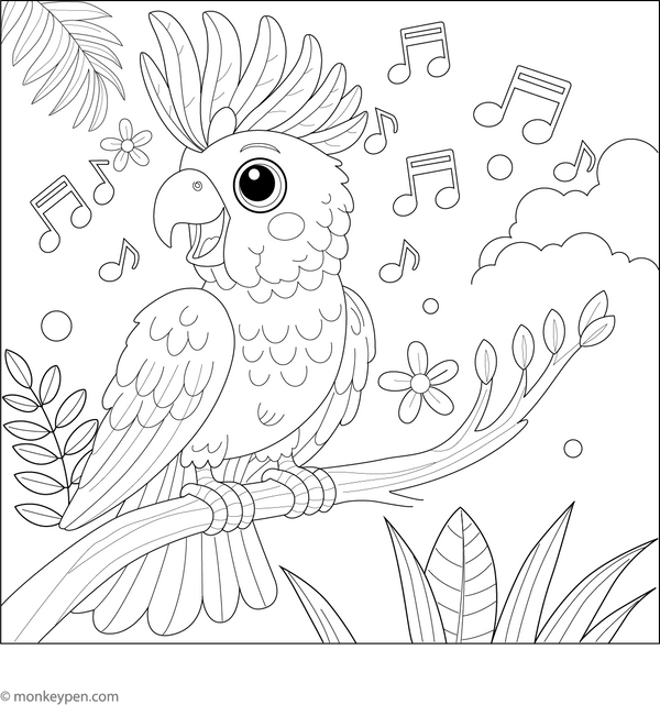 Cockatoo Singing coloring page – free printable for kids to color and enjoy