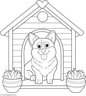 Corgi in a Doghouse coloring page – free printable for kids to color and enjoy