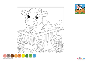Color-by-number worksheet of a cow riding in a wagon – free download to color farm animal, cart, and countryside setting.