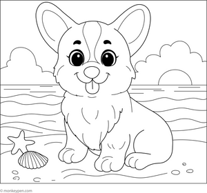 Corgi at a Beach coloring page – free printable for kids to color and enjoy