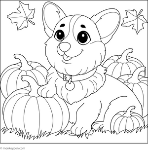 Corgi in a Pumpkin Patch coloring page – free printable for kids to color and enjoy