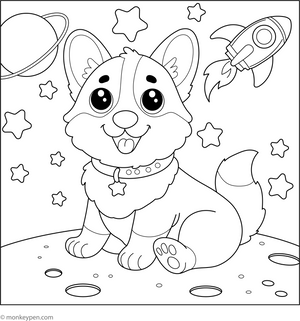 Corgi in Space coloring page – free printable for kids to color and enjoy