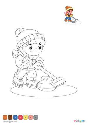 Downloadable color-by-number worksheet of a curling player sliding a stone on ice, with numbered areas for uniform, stone, and rink.