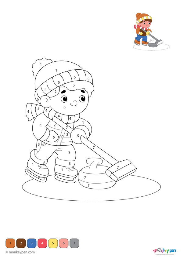Downloadable color-by-number worksheet of a curling player sliding a stone on ice, with numbered areas for uniform, stone, and rink.