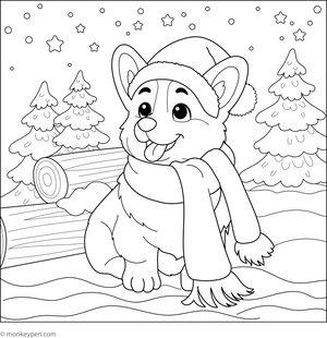 Corgi in a Winter Wonderland coloring page – free printable for kids to color and enjoy
