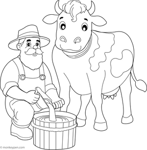 Cow with a Farmer coloring page – free printable for kids to color and enjoy