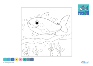 Color-by-number worksheet of a cartoon shark swimming in the sea – free download to color shark, water, and marine background.