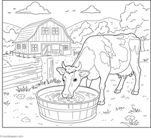 Cow and a Water Trough coloring page – free printable for kids to color and enjoy