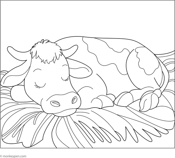 Cow Sleeping on Hay coloring page – free printable for kids to color and enjoy