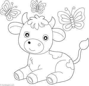 Baby Cow and Butterflies coloring page – free printable for kids to color and enjoy