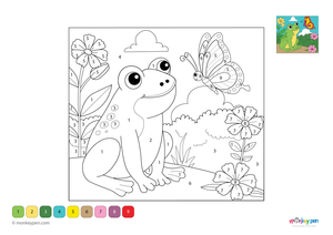 Downloadable color-by-number worksheet of a frog watching a butterfly in nature, with numbered areas for frog, butterfly, and outdoor scenery.