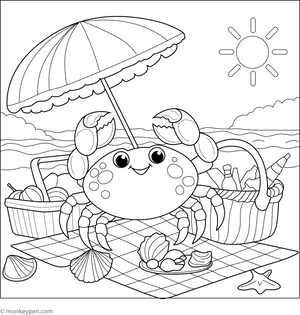 Crab at a Beach Picnic coloring page – free printable for kids to color and enjoy