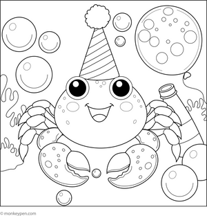 Crab and a Bubble Party coloring page – free printable for kids to color and enjoy