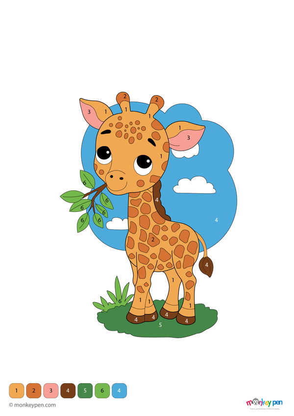 Color-by-number worksheet of a giraffe standing tall – free download to color neck, patterned spots, and wildlife scenery.