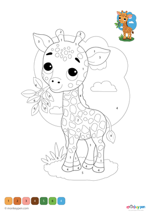 Color-by-number worksheet of a giraffe standing tall – free download to color neck, patterned spots, and wildlife scenery.