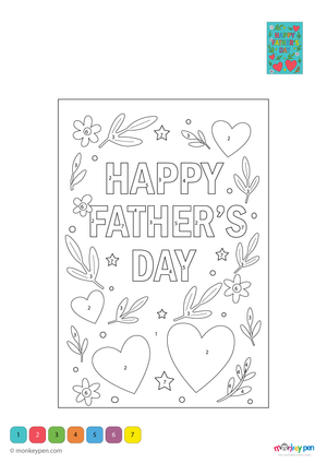 Downloadable color-by-number worksheet of a Happy Father’s Day card, with numbered areas for text, decorations, and background.