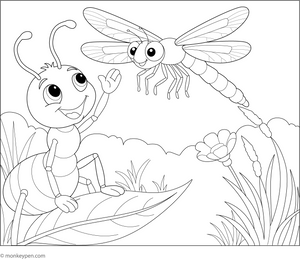 Ant Waving to a Dragonfly Coloring Page