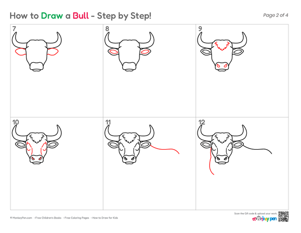 Step-by-step bull drawing with tail, hooves, and horn details.