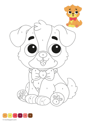 Downloadable puppy color-by-number worksheet showing a playful pup with numbered sections on its fur, ears, and paws—this free printable helps children practice number matching and enjoy creative pet-themed coloring fun.