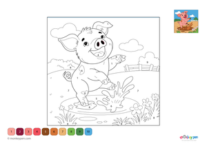 Downloadable color-by-number worksheet of a pig happily splashing in a mud puddle, with numbered areas for pig, mud, and farm background.