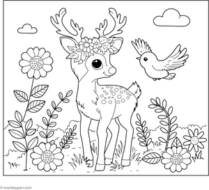 Deer and a Bird coloring page – free printable for kids to color and enjoy