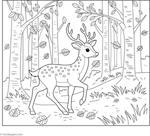 Deer in an Autumn Forest/Magical Forest coloring page – free printable for kids to color and enjoy