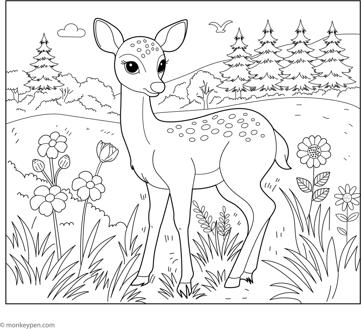 Cute Deer Coloring Page – Free Printable for Kids