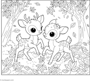 Deer Playing in Autumn Leaves coloring page – free printable for kids to color and enjoy