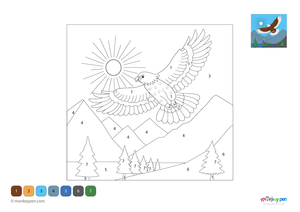 Downloadable color-by-number worksheet of a hawk soaring with wings extended, with numbered areas for feathers, beak, and sky background.
