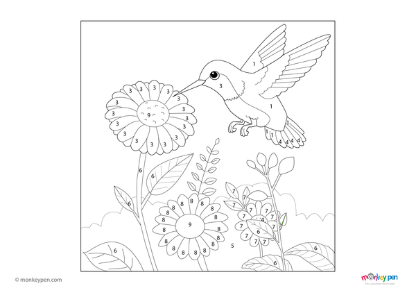 Color-by-number worksheet of a hummingbird in a garden – free download to color feathers, flowers, and outdoor scenery.