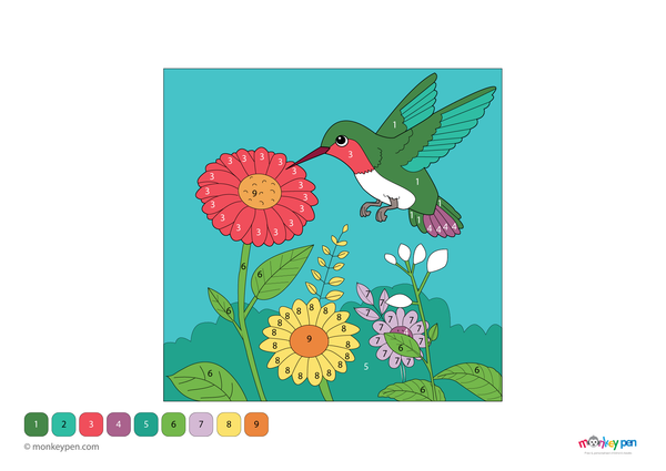 Color-by-number worksheet of a hummingbird in a garden – free download to color feathers, flowers, and outdoor scenery.