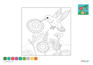 Color-by-number worksheet of a hummingbird in a garden – free download to color feathers, flowers, and outdoor scenery.