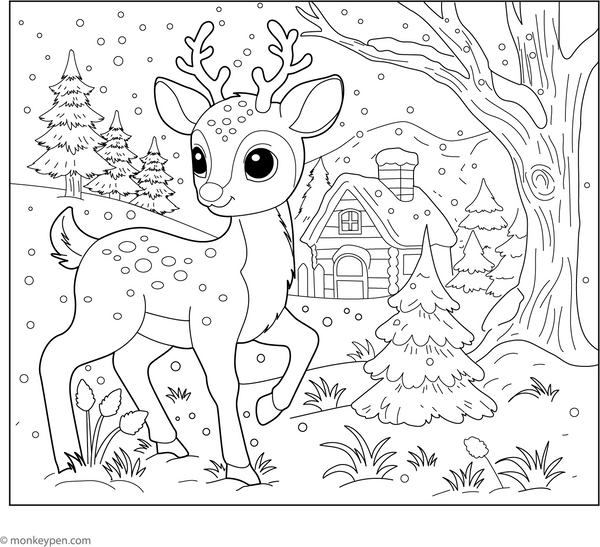Deer in a Snowy Scene coloring page – free printable for kids to color and enjoy
