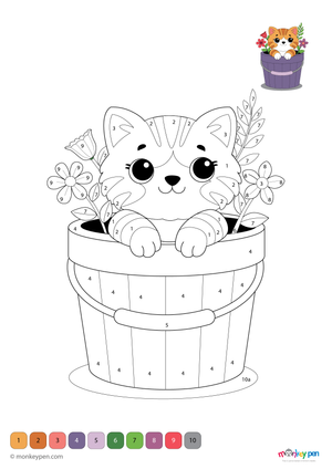 Downloadable color-by-number worksheet of a kitten sitting inside a flower pot, with numbered areas for fur, flowers, and pot details.