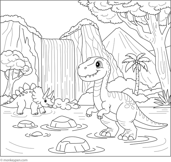 Dinosaur and a Waterfall coloring page – free printable for kids to color and enjoy