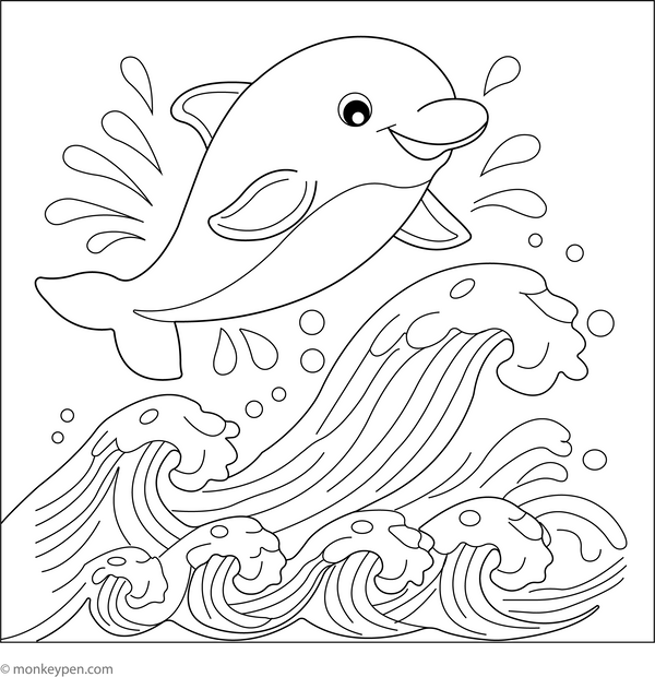 Dolphin Leaping through Waves coloring page – free printable for kids to color and enjoy