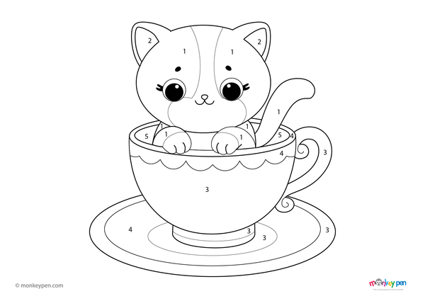 Kitten peeking out of a tea cup, playful animal colour by number illustration for kids.